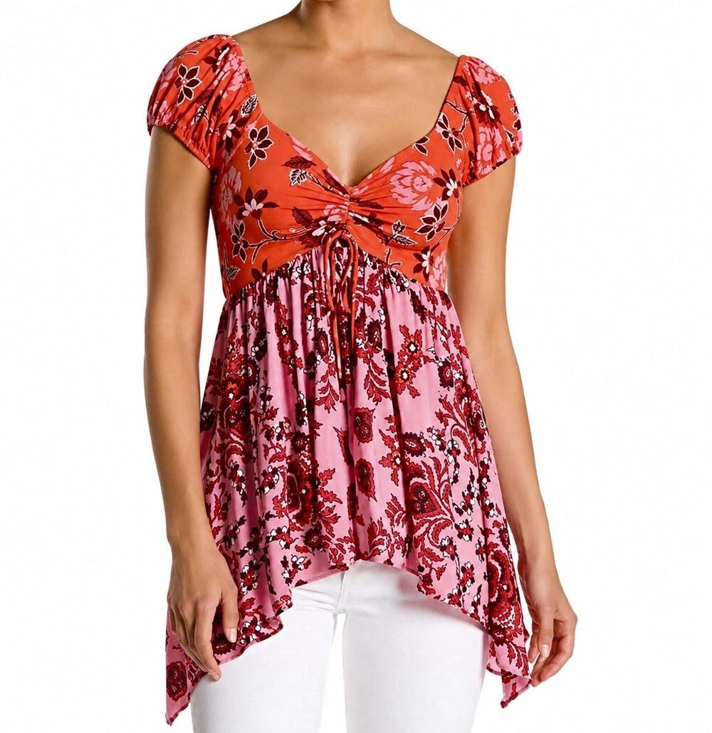 Free People La Bamba Babydoll Tunic Top Hawaiian Sunset Combo Size XS NWT Boho